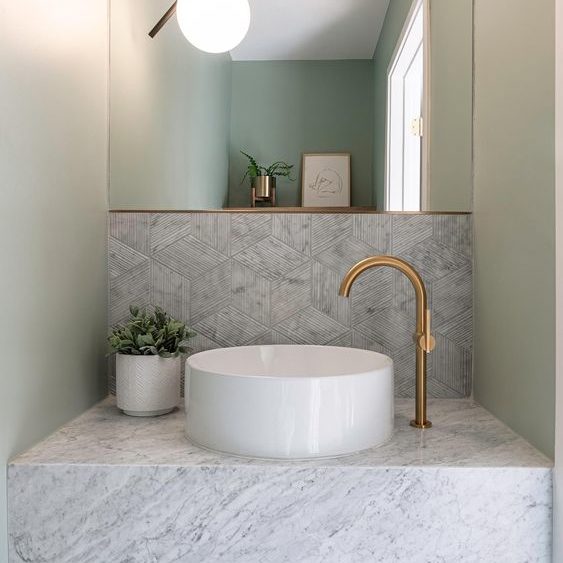 stone vanity in bathroom, stone vanity powder room, bathroom, vanity, white bathroom