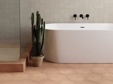 terracotta tiles, rustic bathroom, desert bathroom, bathroom style, bathroom design, free standing tub
