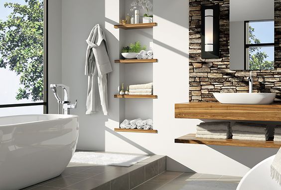 spa-like bathroom, japandi bathroom, wood vanity, free standing tub